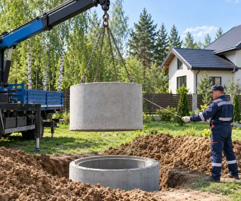 Кольцо для углубления колодца опускают манипулятором
