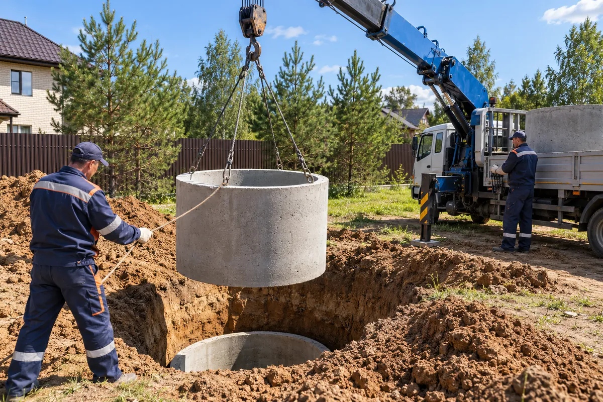 Монтаж бетонных колец колодца краном